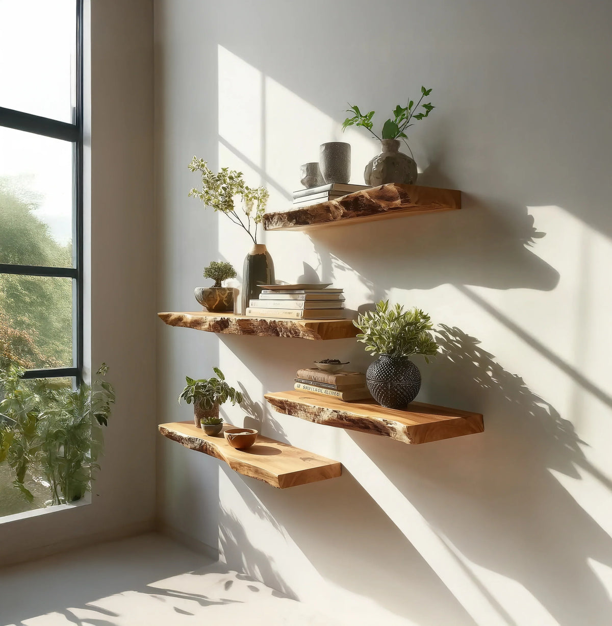 Kệ gỗ nổi thủ công phong cách staggered với cây xanh và đồ decor