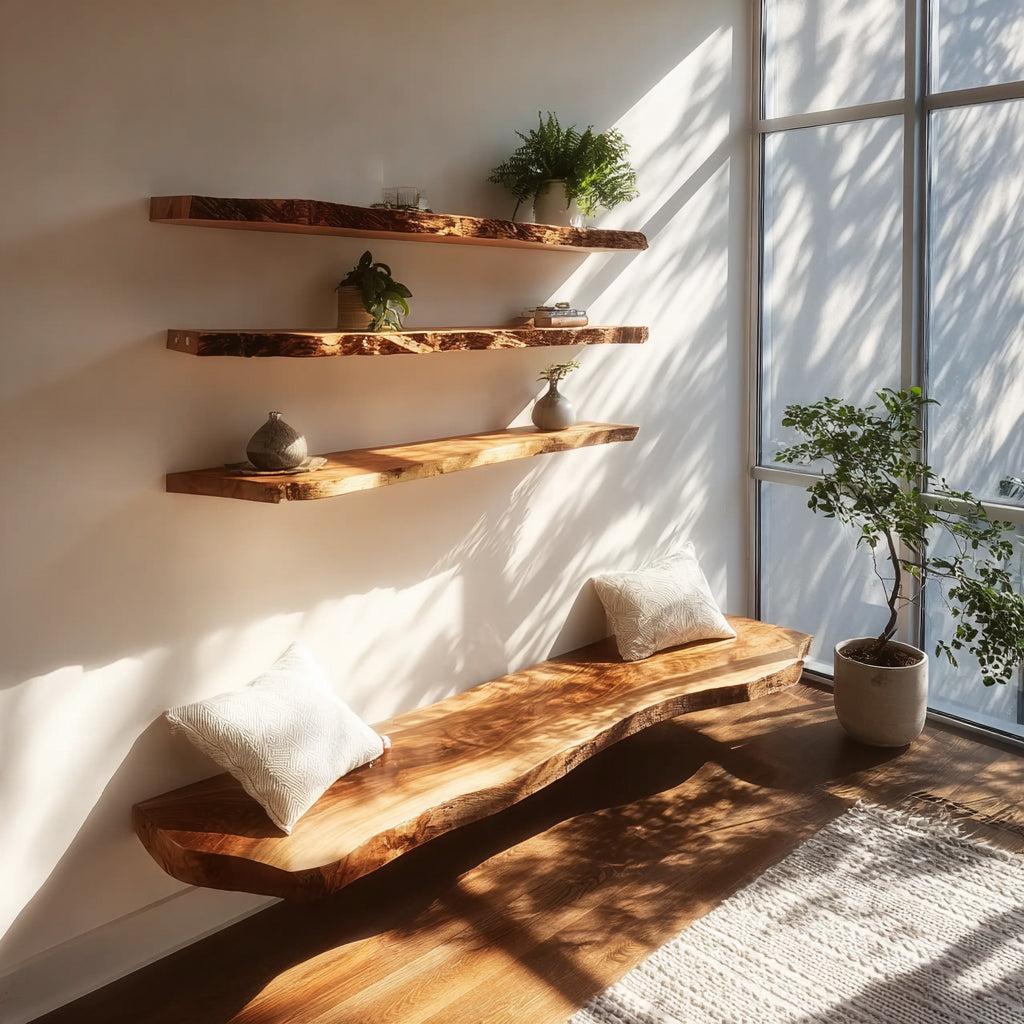 Sunlit modern room with floating wooden shelves, wooden bench with white pillows, and potted plants